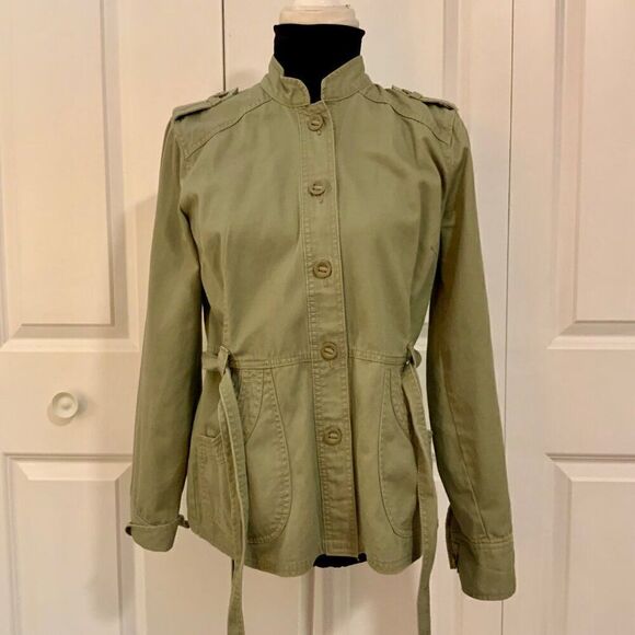 French Cuff Sage Green Button Front Cotton Belted Utility Jacket Medium - Picture 9 of 11
